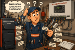 Карикатура монтажника твердопаливного котла з різними датчиками температури для котлової автоматики